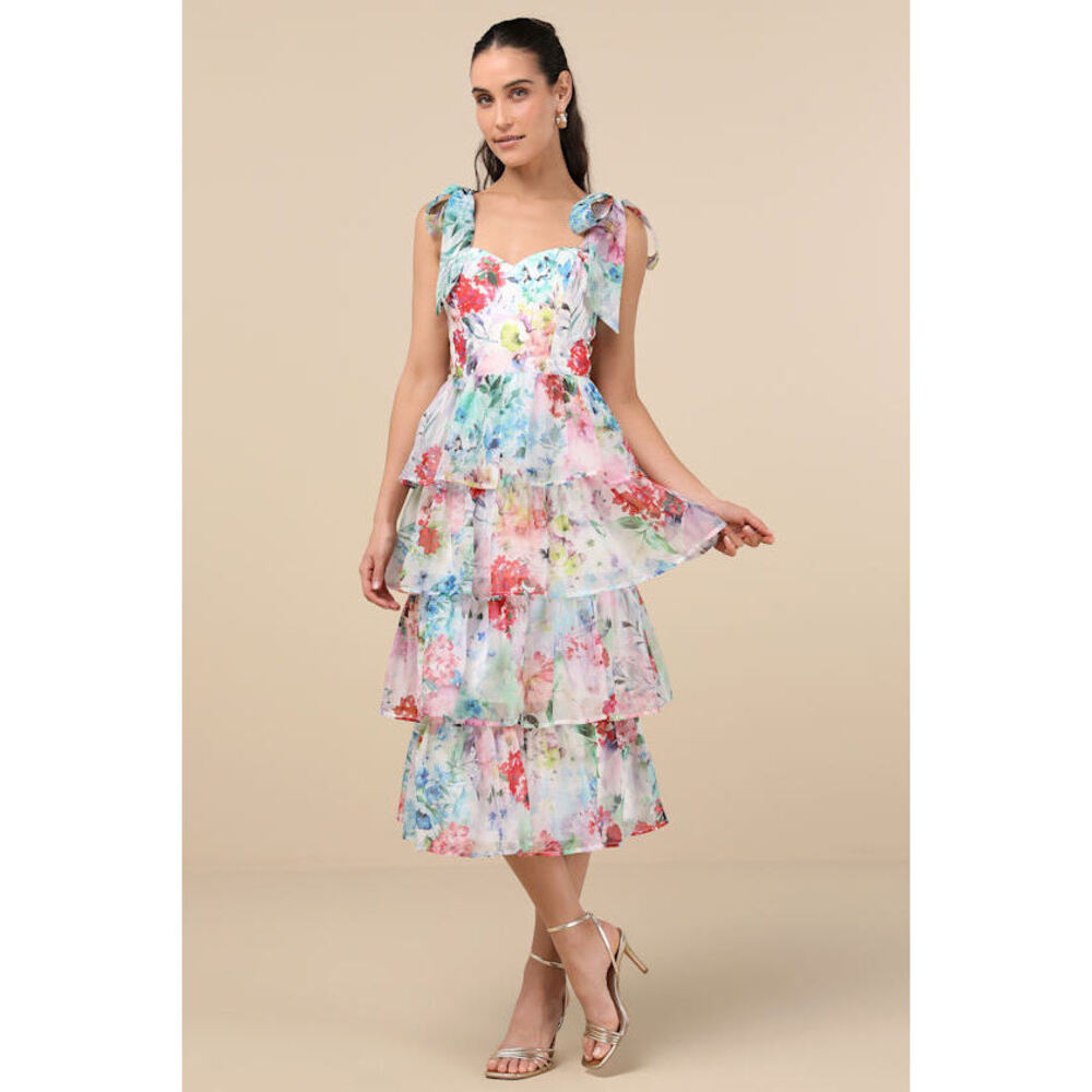 Lulus Vivid Sensation White Multi Floral Tie-strap Midi Dress - Size L